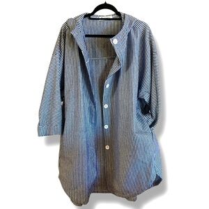 Mordenmiss Geometric Striped Denim Cotton Button-Up Shirt Dress Hooded Jacket OS